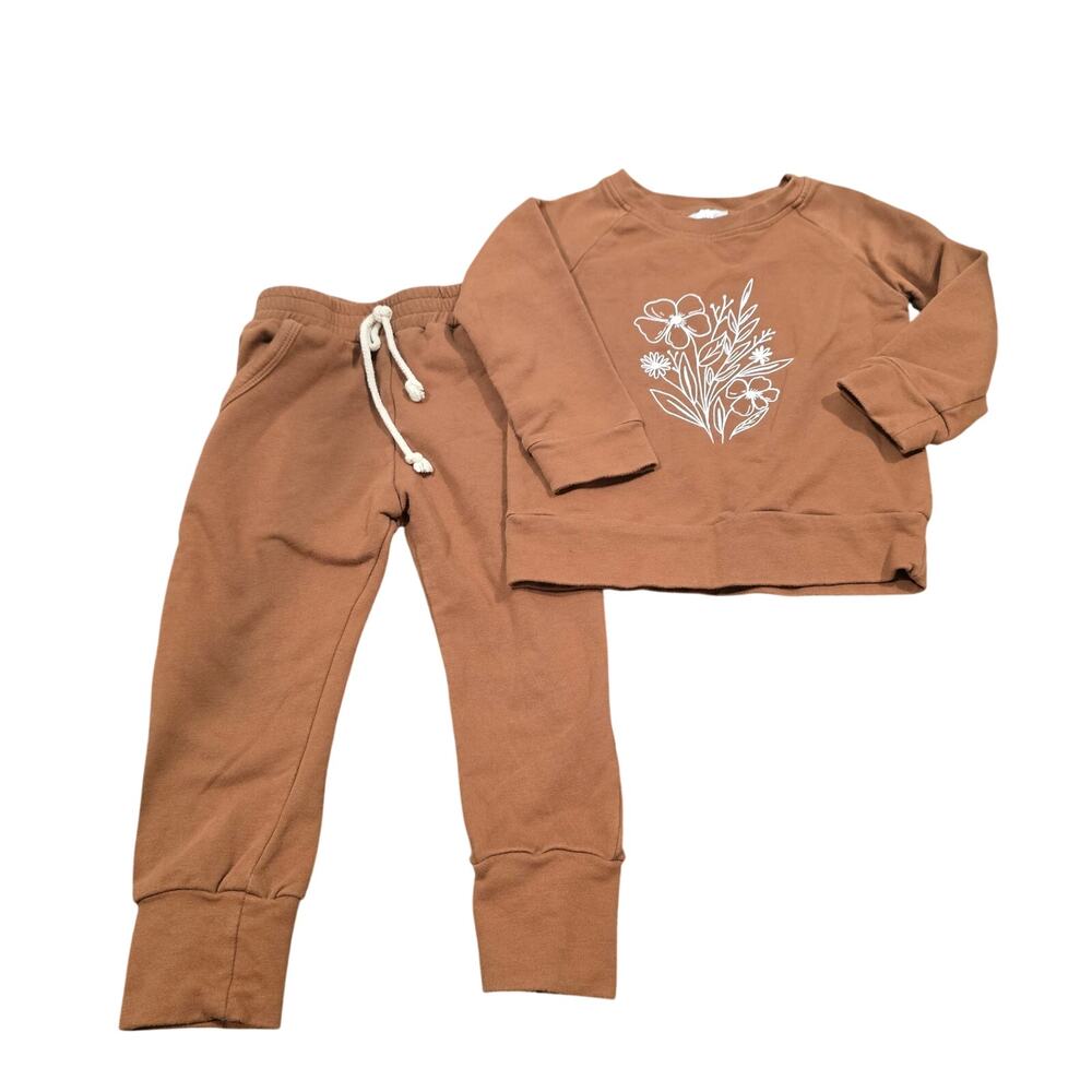 Toddler Mebie Baby Brown Floral Two Piece Sweatsuit Outfit | Size 3T